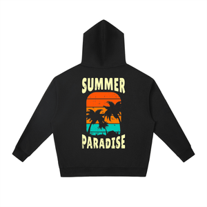 A black long-sleeve hoodie shown from the back, featuring a colorful retro sunset graphic with palm tree silhouettes and the words 'SUMMER PARADISE' in a distressed cream font.