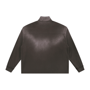 Brown leather jacket shown from the back on a white background