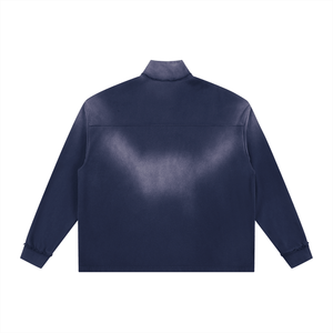 Navy blue leather jacket on a white background