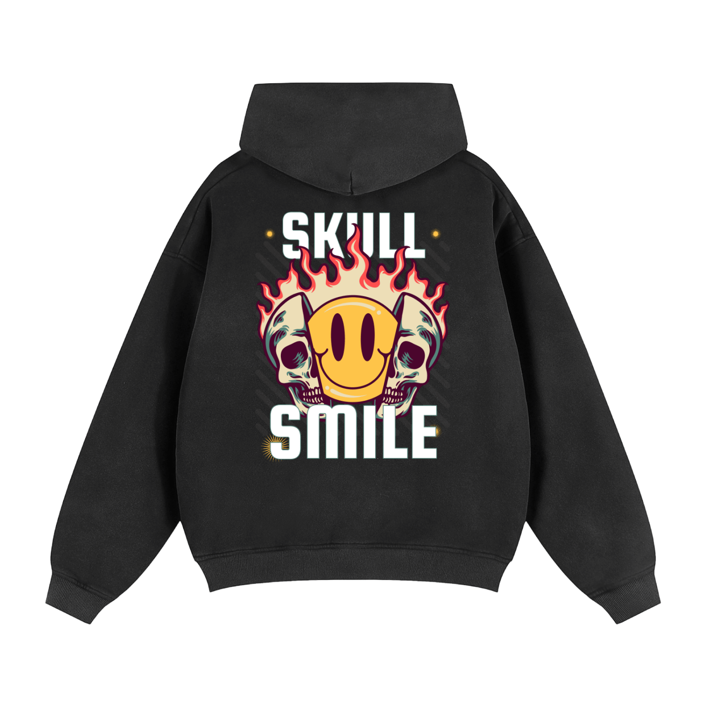 Black hoodie with skull and smile design on the back against a white background