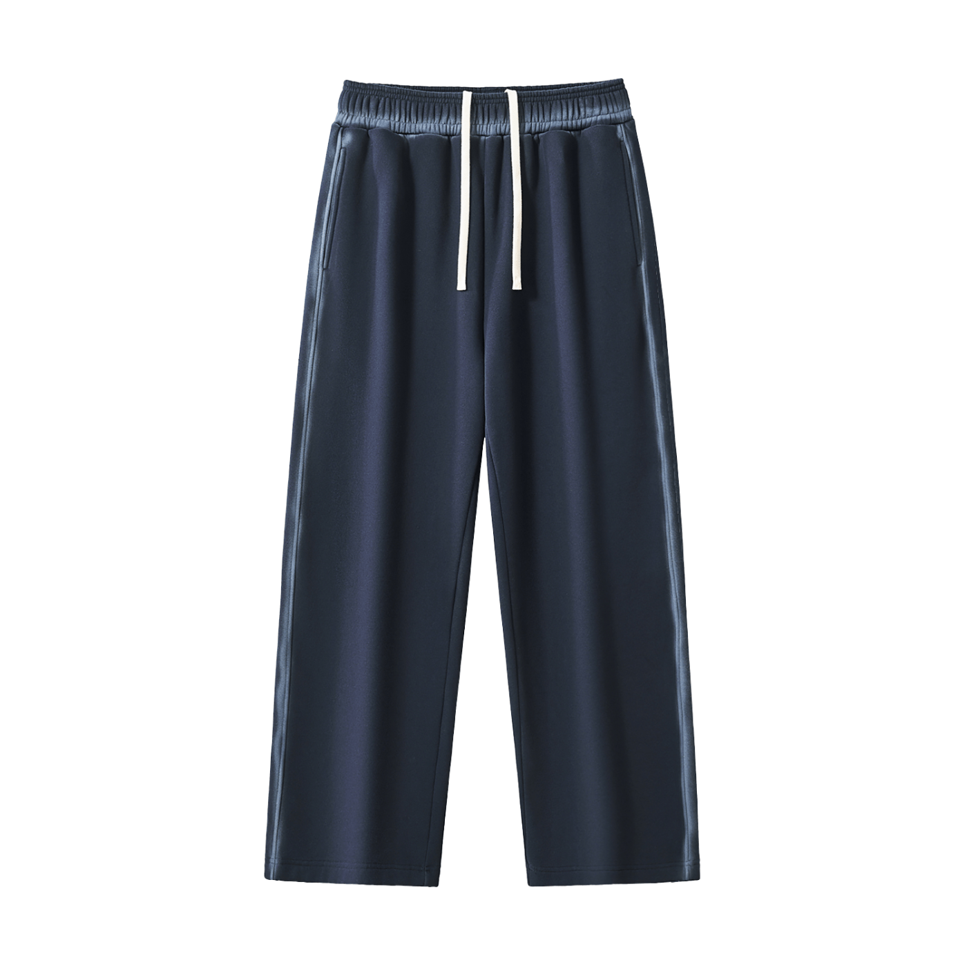 Navy blue pants with a white drawstring on a white background
