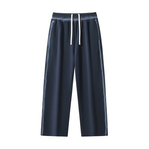 Navy blue pants with a white drawstring on a white background