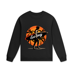 Black sweatshirt with a surfing design featuring a silhouette of a person on a surfboard, palm trees, and an orange sunset.