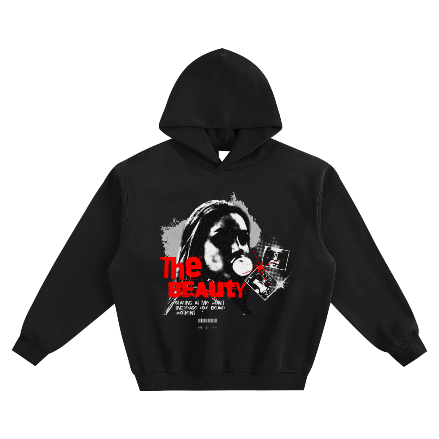 Black hoodie with graphic design on a white background