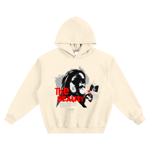 Beige hoodie with graphic design and text on a white background