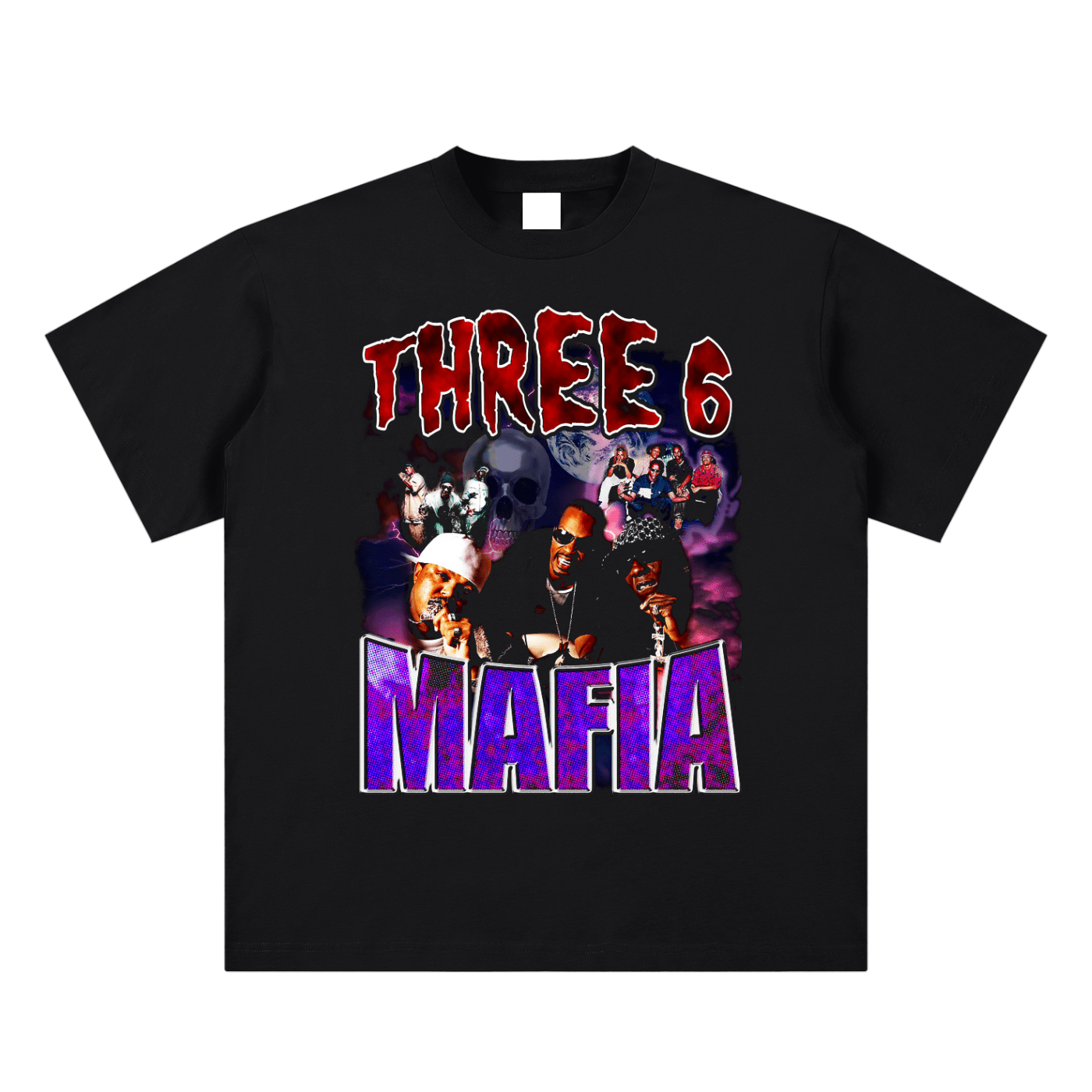 Black t-shirt with 'Three 6 Mafia' graphic design on a white background