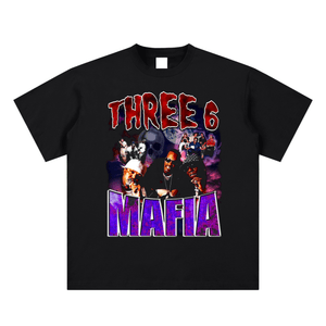 Black t-shirt with 'Three 6 Mafia' graphic design on a white background