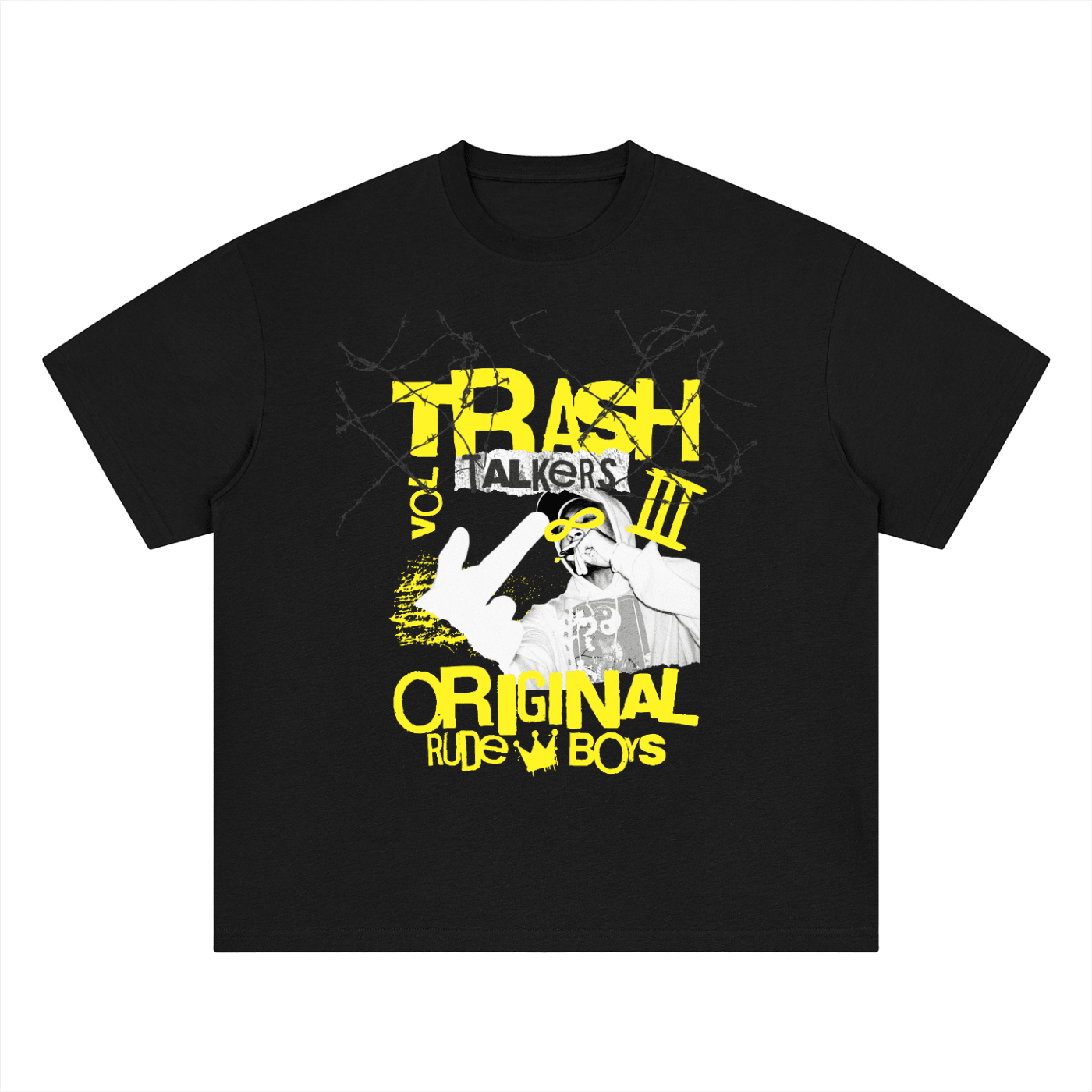 A black short-sleeve crewneck t-shirt featuring a bold graphic print on the front. The design includes the text 'TRASH TALKERS III ORIGINAL RUDS BOYS' in distressed yellow and white, along with a stylized graphic of a hand holding a beer.