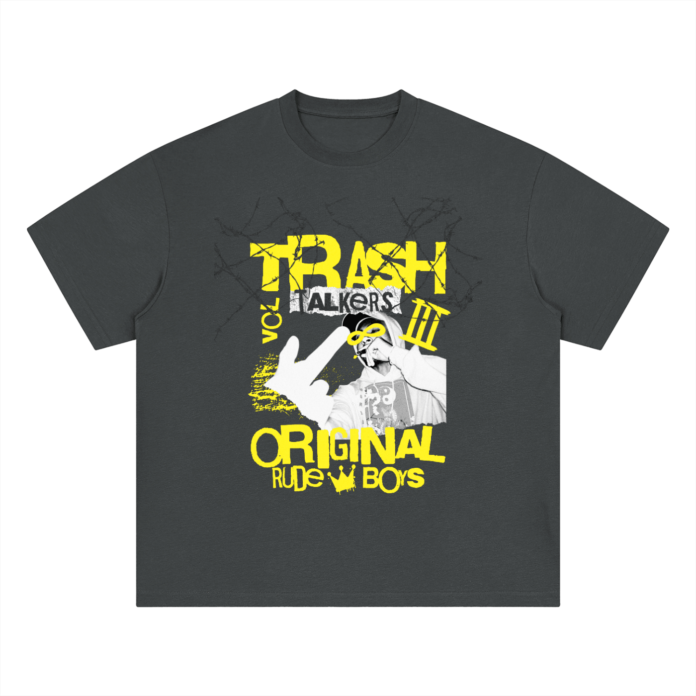 A dark gray crewneck t-shirt featuring a bold yellow and white graphic print on the front with the text 'TRASH TALKERS III ORIGINAL RUDS W BOYS' and a hand gesture illustration.