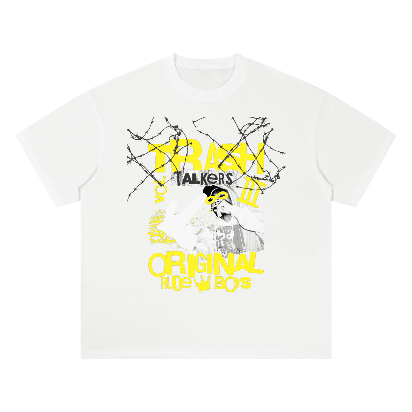 A white short-sleeve crewneck t-shirt featuring a bold graphic print on the front. The design includes yellow text reading 'TRASH TALKERS' and 'ORIGINAL RUSH BOYS', black barbed wire, and a stylized black-and-white illustration of a person wearing a yellow mask.