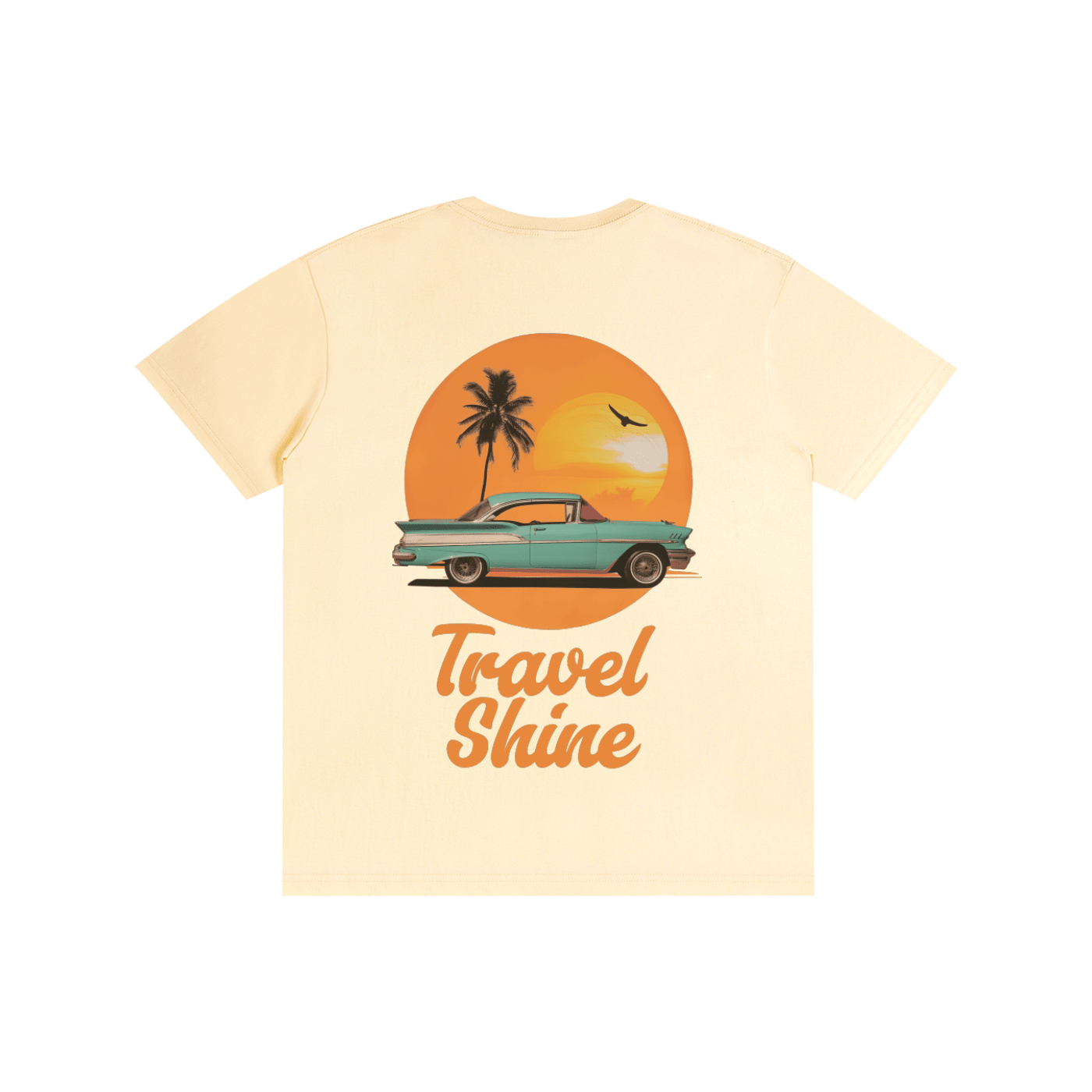 A light cream-colored short-sleeve t-shirt featuring a retro graphic of a teal classic car driving in front of an orange sunset with a palm tree, and the text 'Travel Shine' printed below.