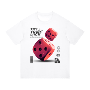 A white short-sleeve crewneck t-shirt featuring a graphic print of two red dice, with the text 'TRY YOUR LUCK' and 'GO BROKE OR GO BROKE' in black.