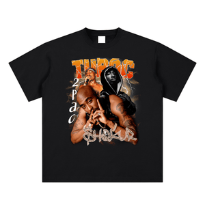 Black t-shirt with graphic design of a person and text on a white background