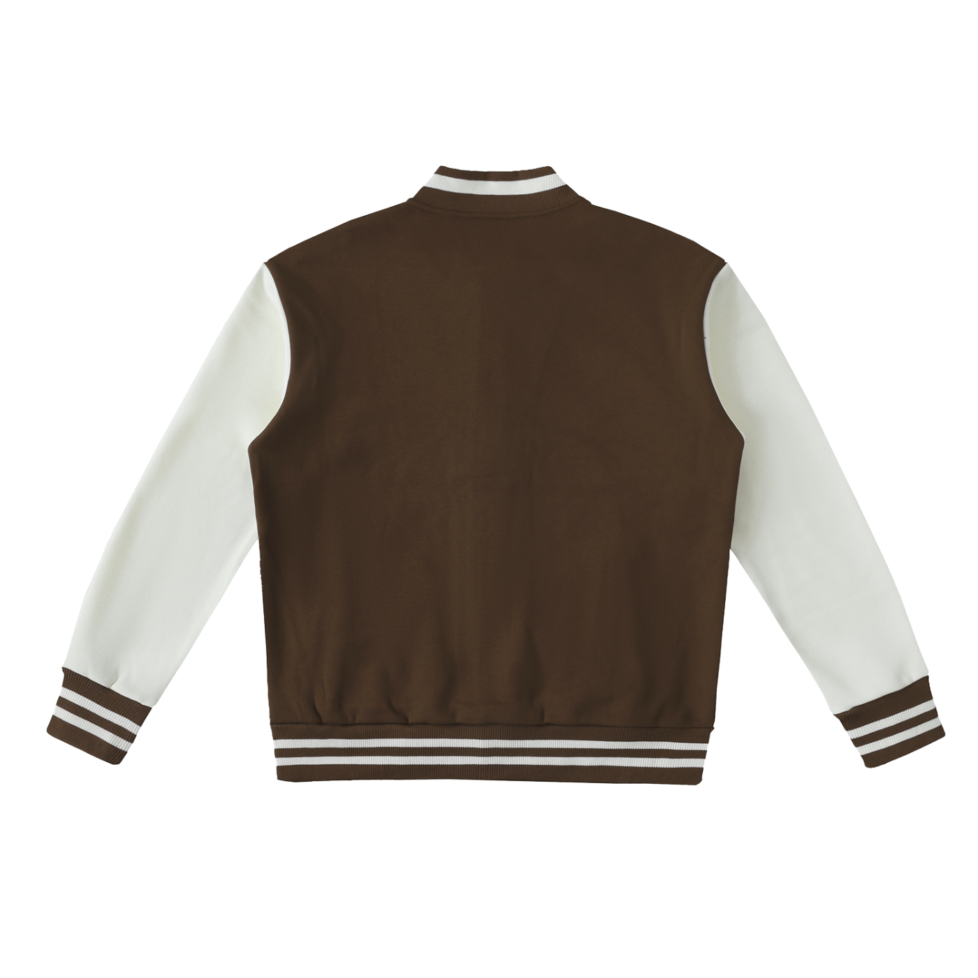 Brown and white varsity jacket on a white background