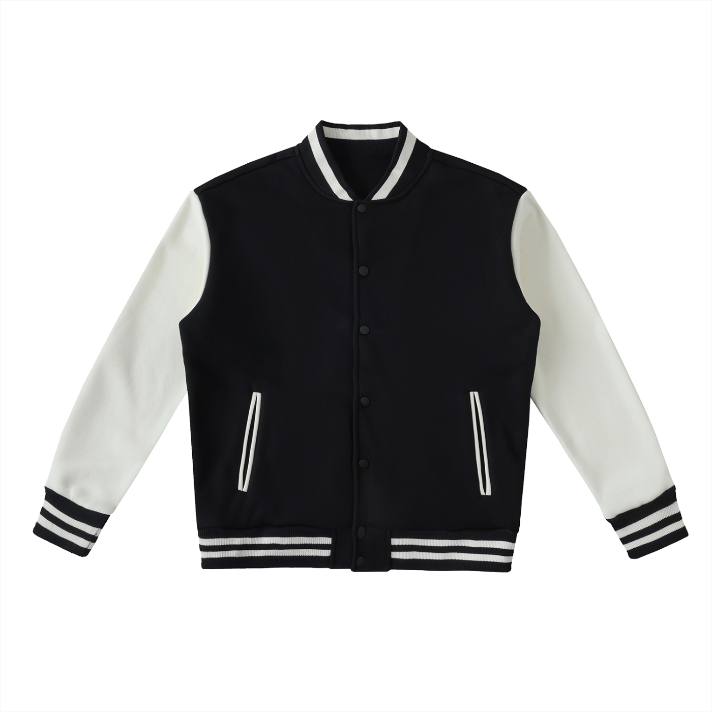 Black and white varsity jacket on a white background