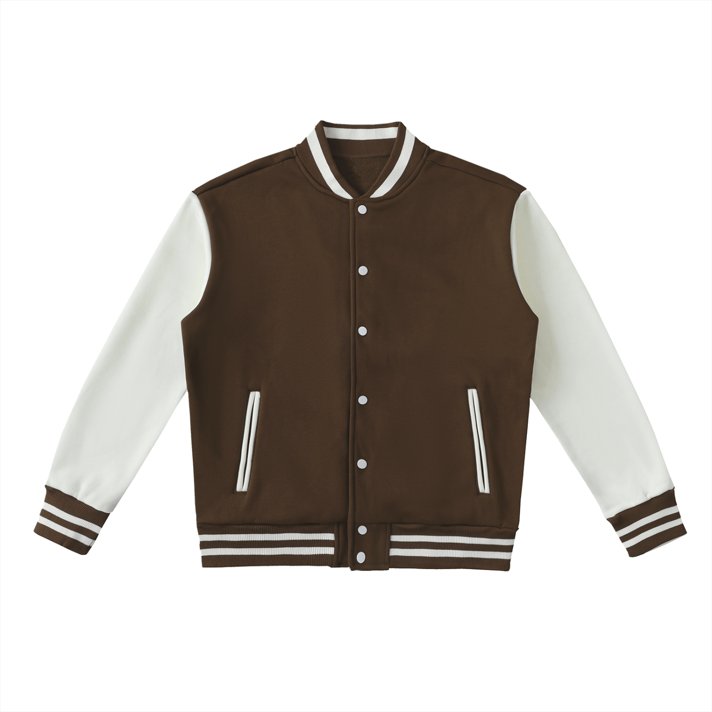 Brown and white varsity jacket on a white background
