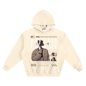 Beige hoodie with graphic design on a white background