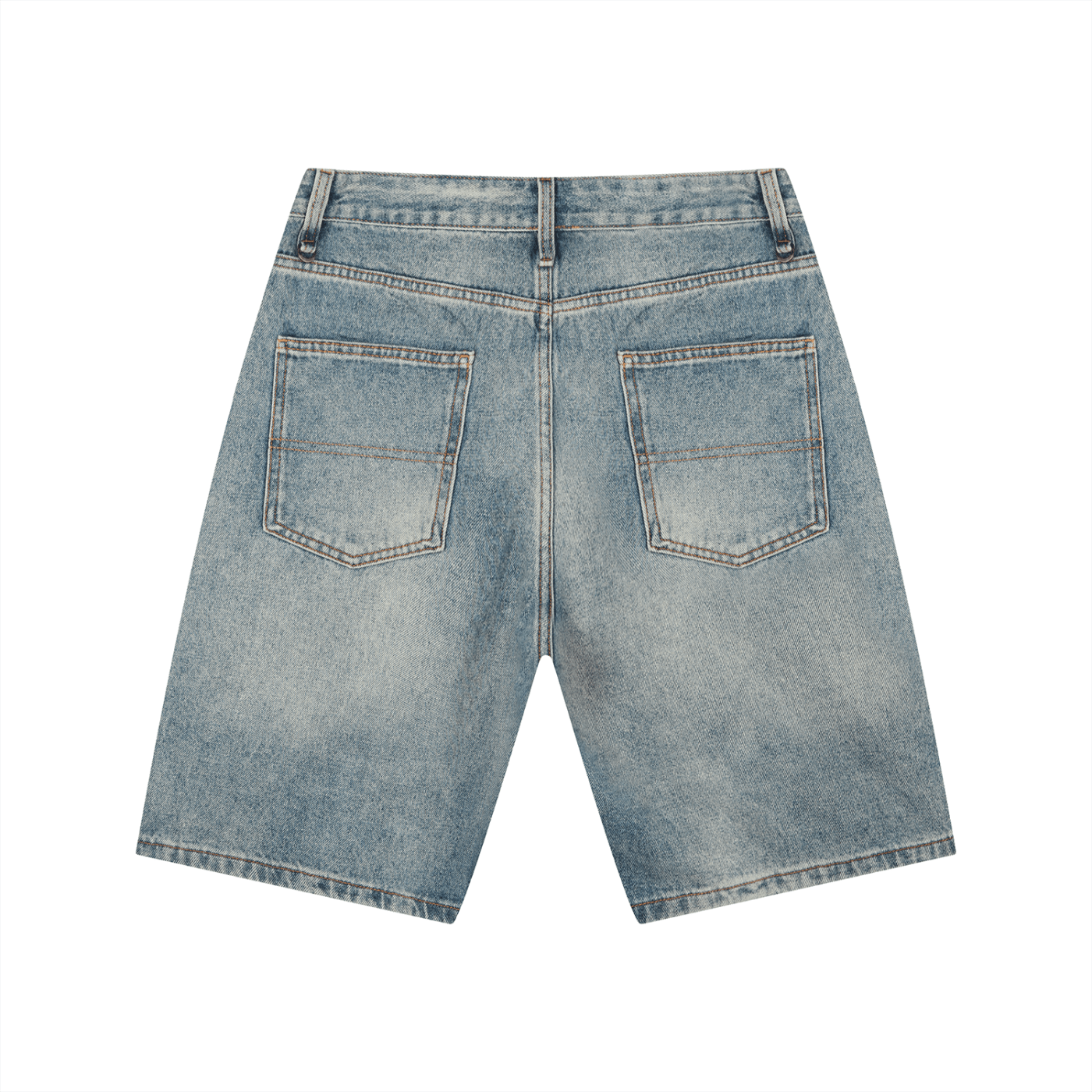 Back view of light blue denim shorts on a white background