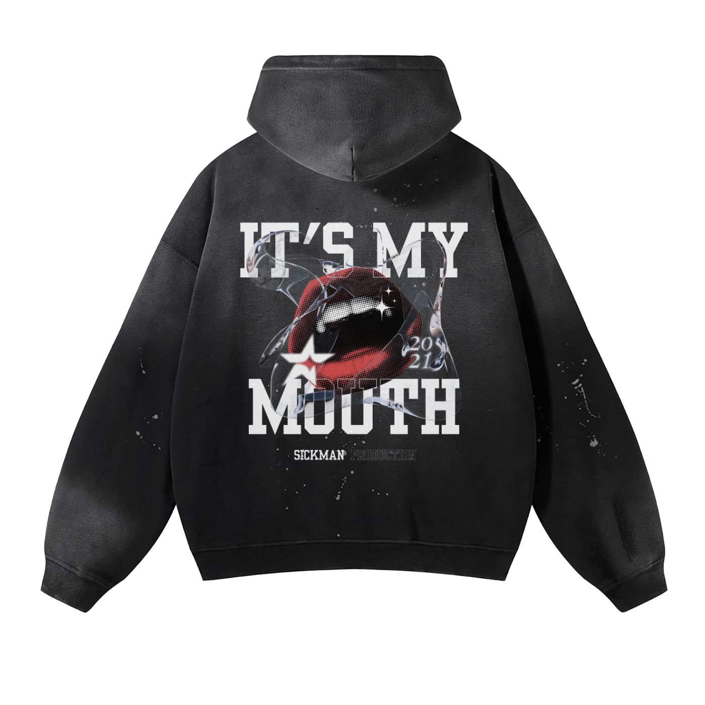 Black hoodie with graphic design and text on the back, displayed against a white background.