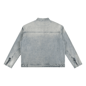 Back view of a light blue denim jacket on a white background