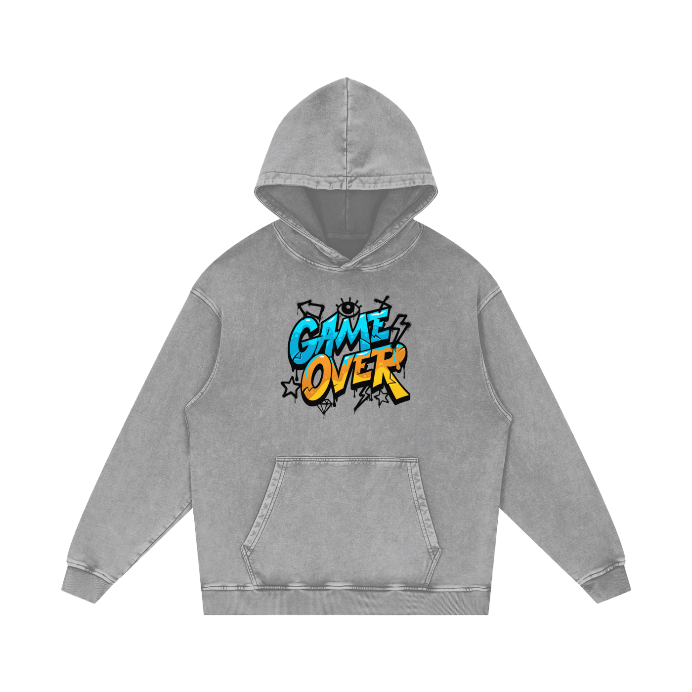 Gray hoodie with 'Game Over' text design on a white background