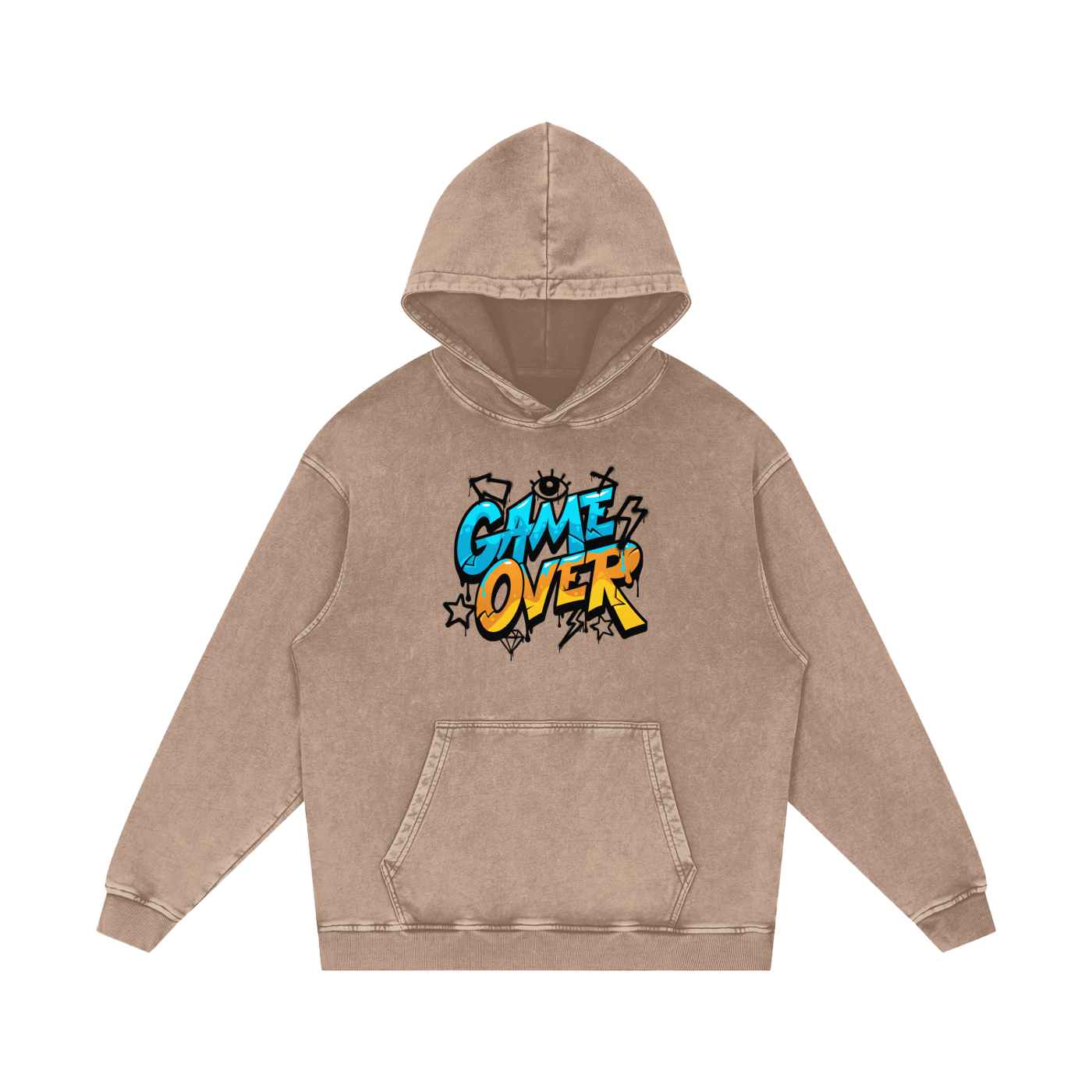 Beige hoodie with 'Game Over' text design on a white background