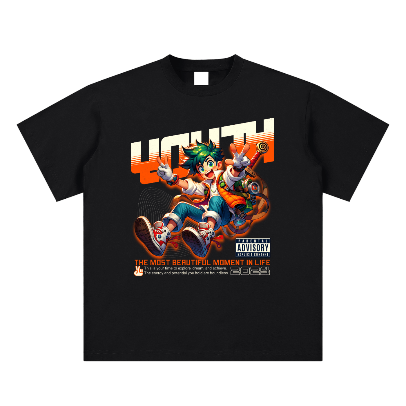 Black t-shirt with colorful graphic design featuring two characters and text on a white background