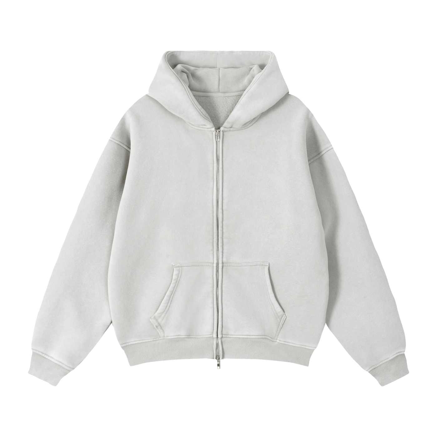 Light gray hoodie with a zipper on a white background