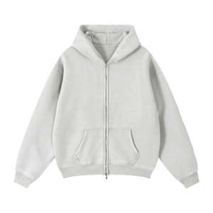 Light gray hoodie with a zipper on a white background
