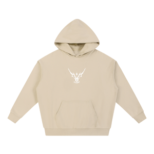 Beige hoodie with a white logo on a white background