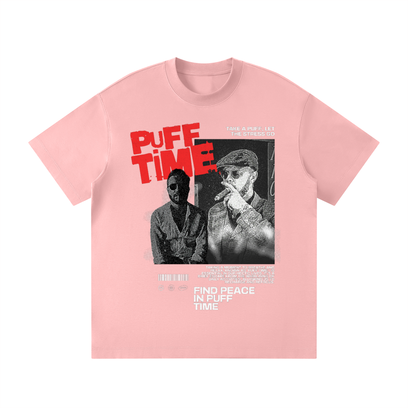 A light pink short-sleeve t-shirt with a graphic print on the front. The graphic features the text 'PUFF TIME' in bold red letters, a black-and-white photo of a man smoking a cigar, and additional white text reading 'FIND PEACE IN PUFF TIME'.