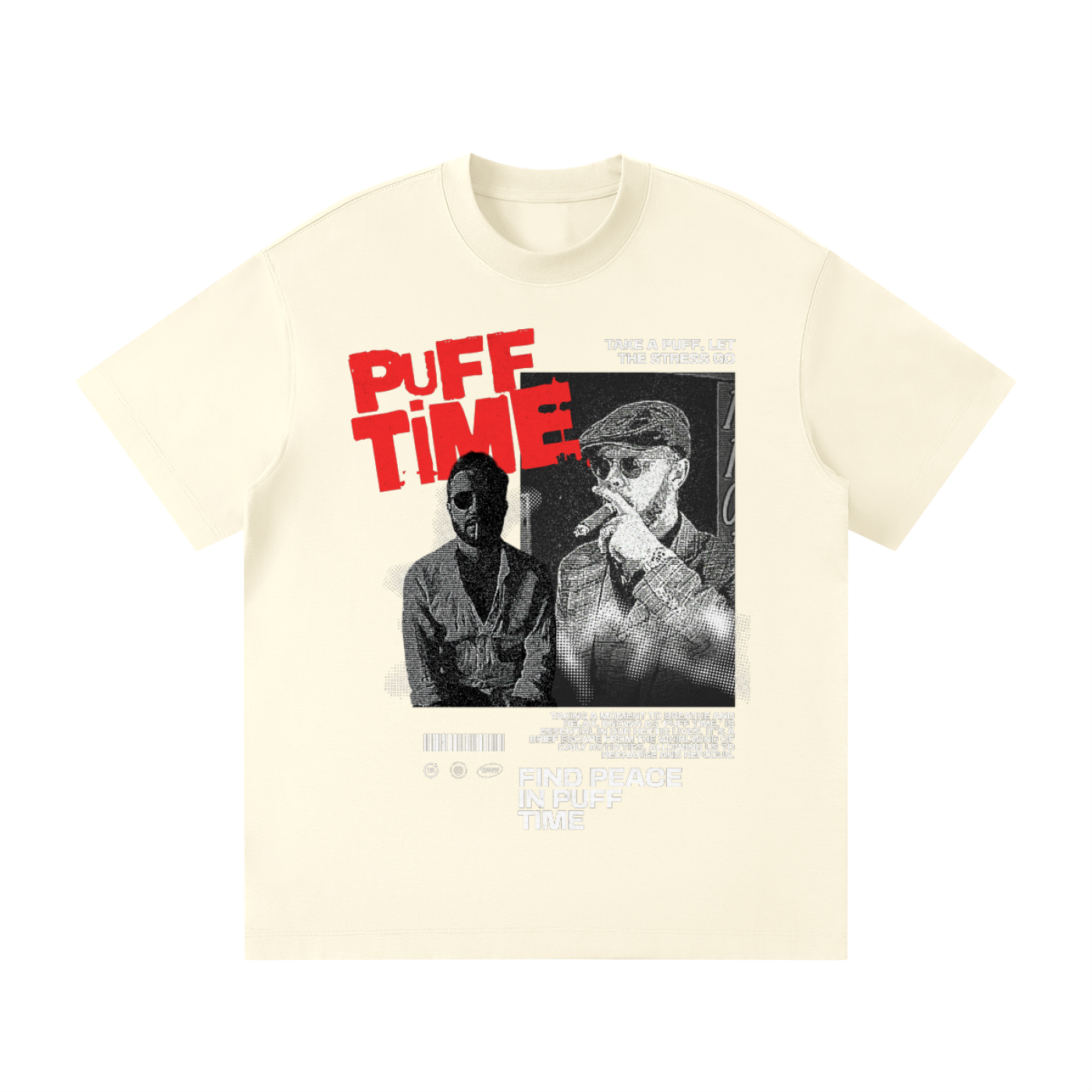 An off-white short-sleeve t-shirt featuring a graphic print of the movie 'Puff Time'. The design includes the title in bold red letters above a black-and-white photo collage of two men smoking, with light blue text elements around the graphic.