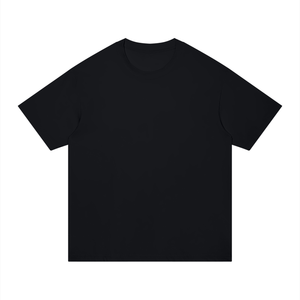 A plain black short-sleeve crewneck t-shirt laid flat against a solid white background.