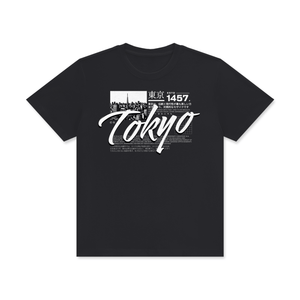 Black t-shirt with white text and graphics on a white background