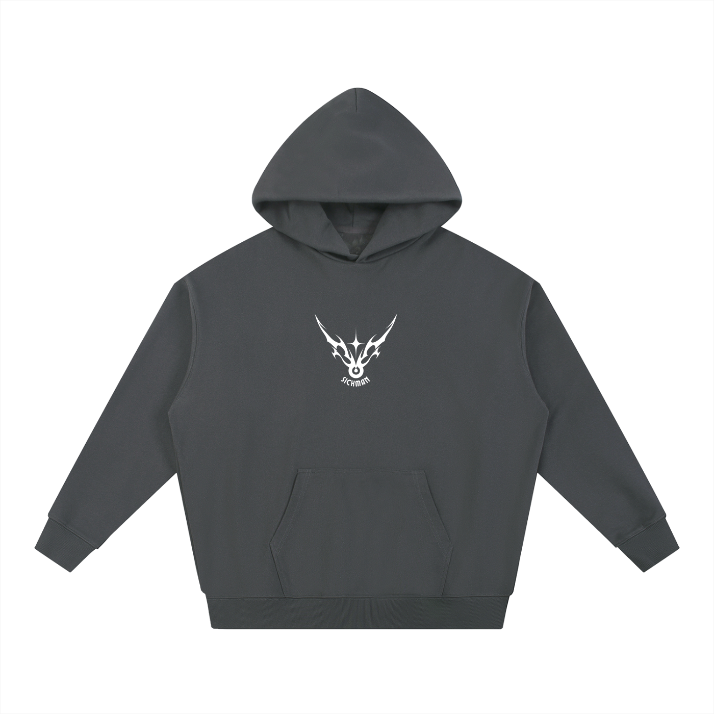 Dark gray hoodie with a white logo on a white background