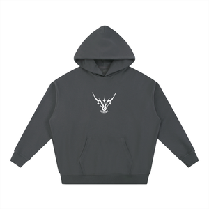 Dark gray hoodie with a white logo on a white background