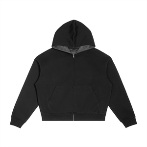 Black hoodie with plaid lining on a white background