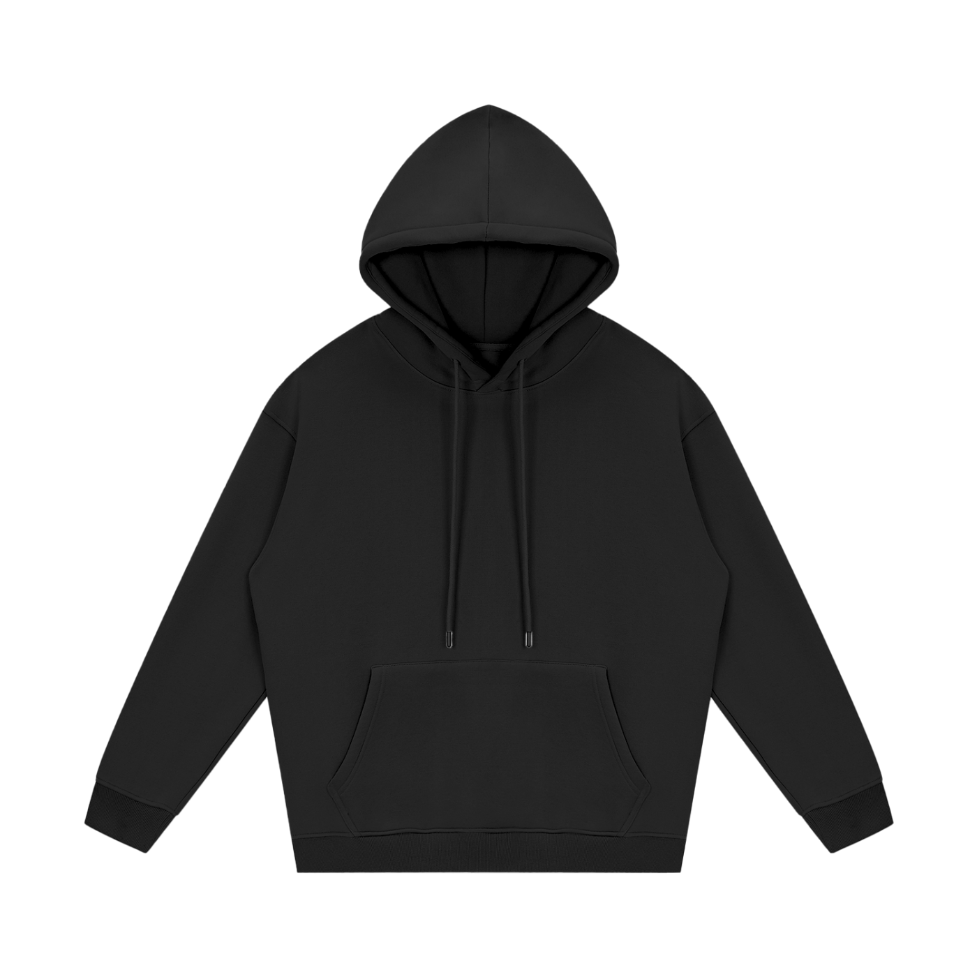 Black hoodie with a logo on the chest against a white background
