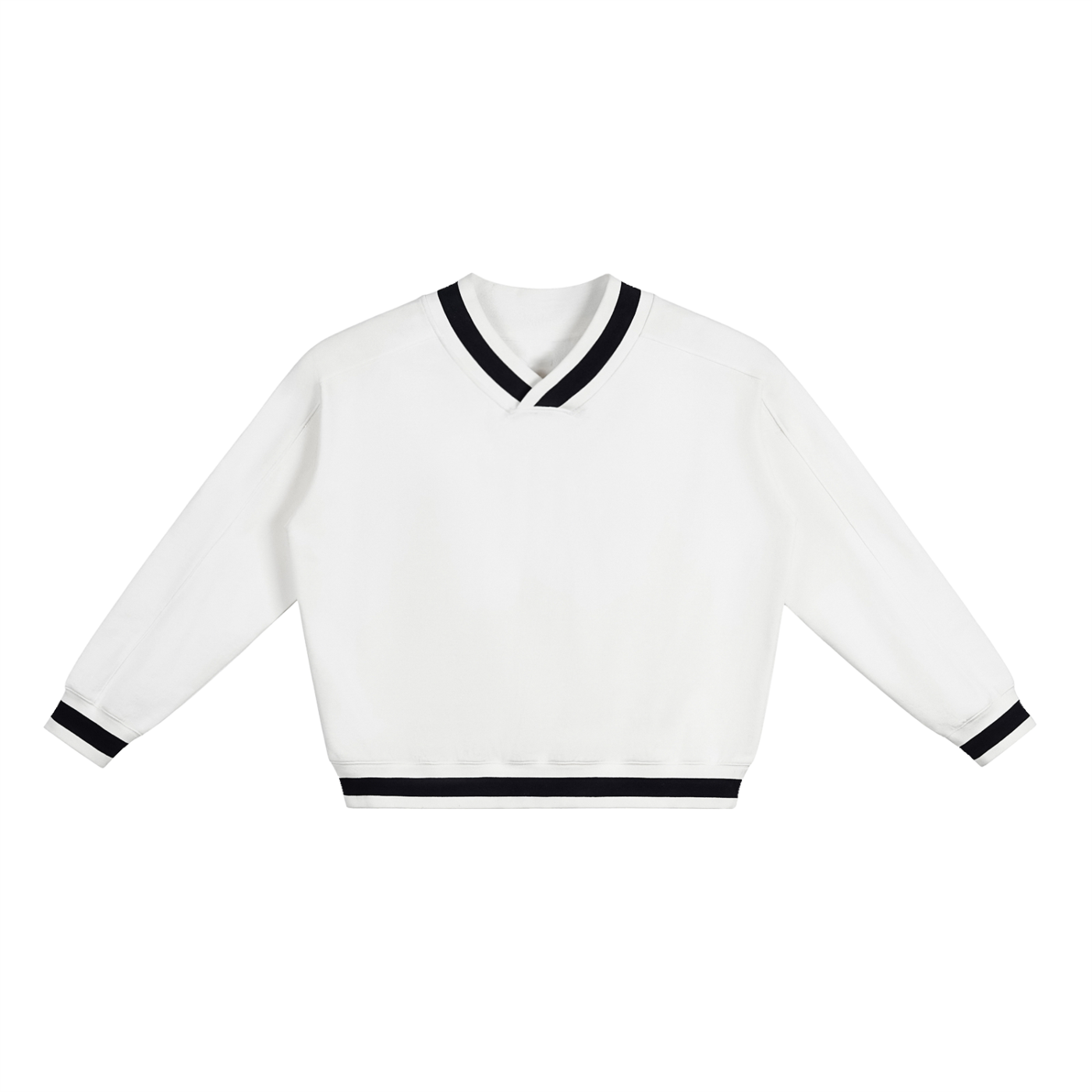 White sweater with black trim on a white background