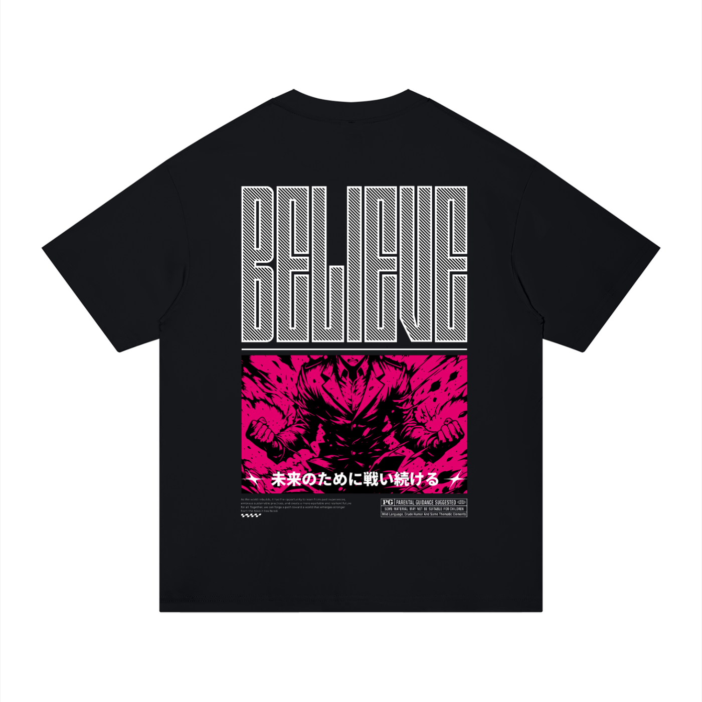 A black short-sleeve t-shirt with a large graphic print on the front. The design features the word 'BELIEVE' in a white outlined stencil font above a vibrant hot pink graphic of a tiger's face, with Japanese text below.