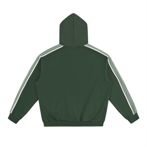 Green hoodie with white stripes on sleeves and back on a white background