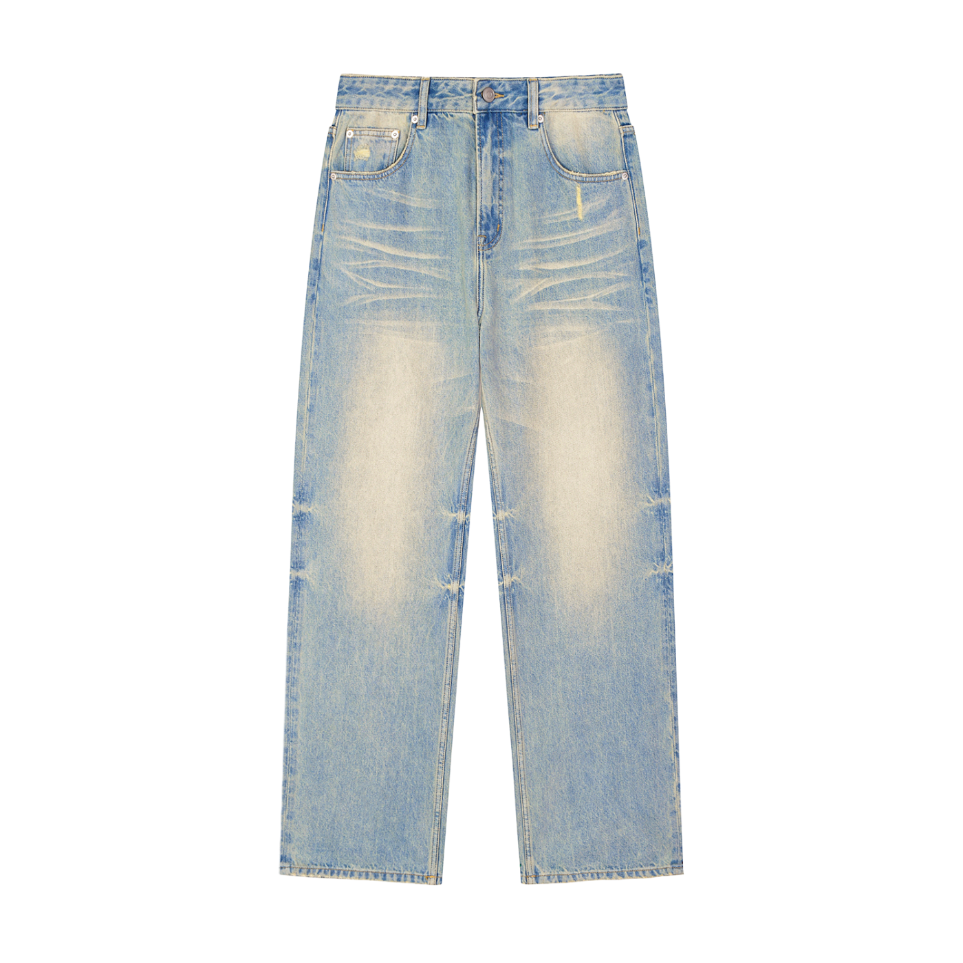 Light blue distressed jeans on a white background