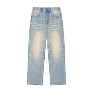 Light blue distressed jeans on a white background