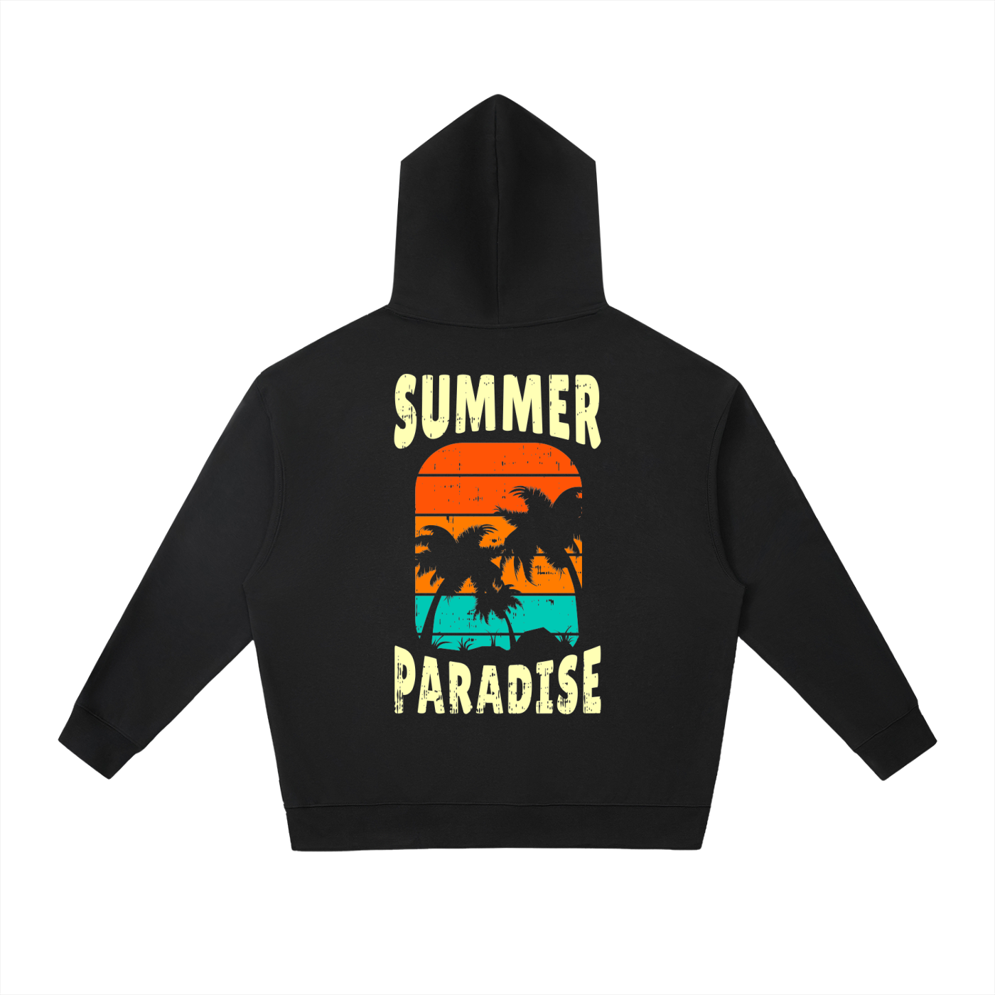 A black long-sleeve hoodie shown from the back, featuring a colorful retro sunset graphic with palm tree silhouettes and the words 'SUMMER PARADISE' in a distressed cream font.