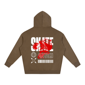 A brown pullover hoodie shown from the back, featuring a large graphic print with the word 'SKATE' in white, a red paint splatter, and a red-and-white text design on a plain white background.