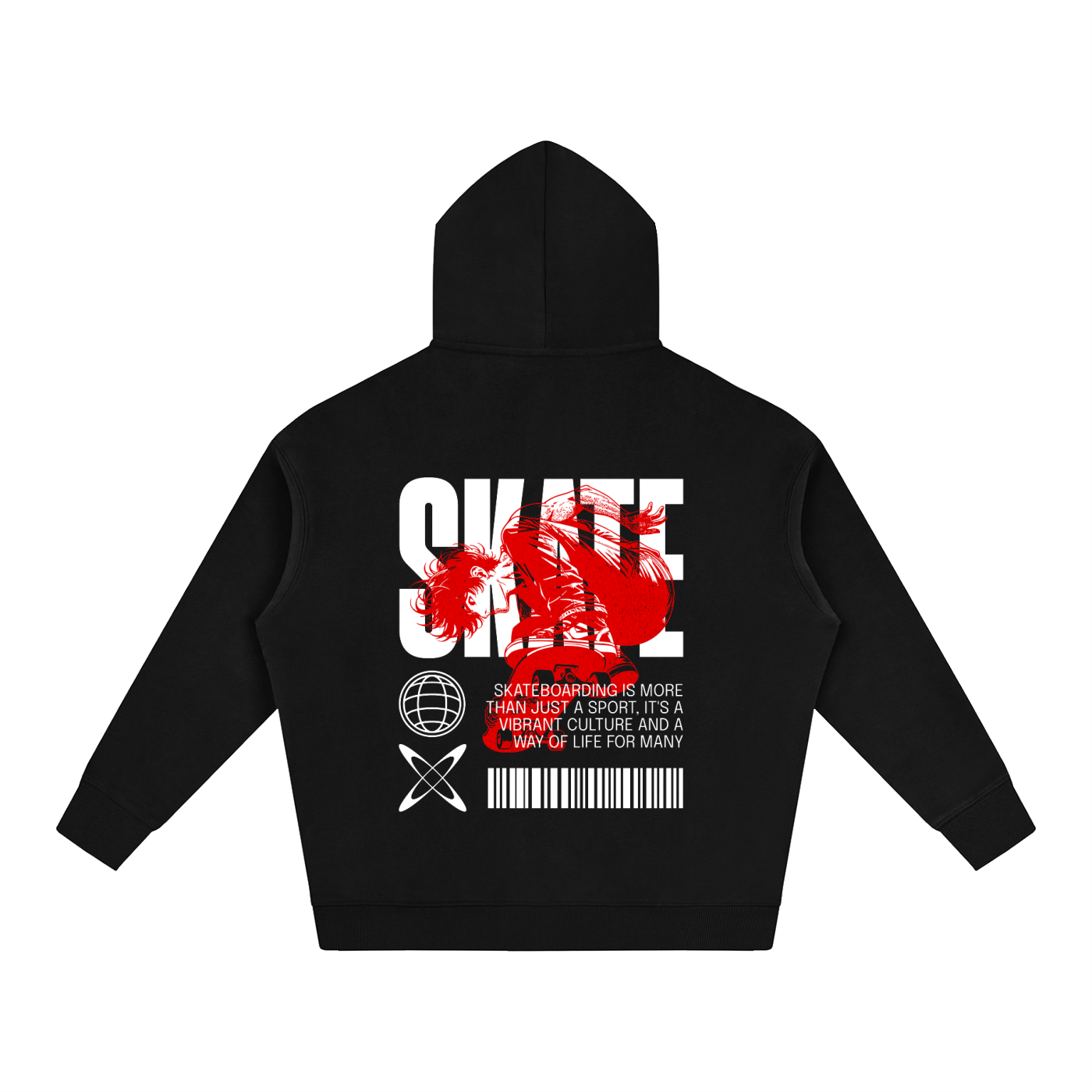 A black zip-up hoodie shown from the back, featuring a large graphic print with the word 'SKATE' in white, a red paint splatter design, a globe icon, and a barcode with text on a plain white background.