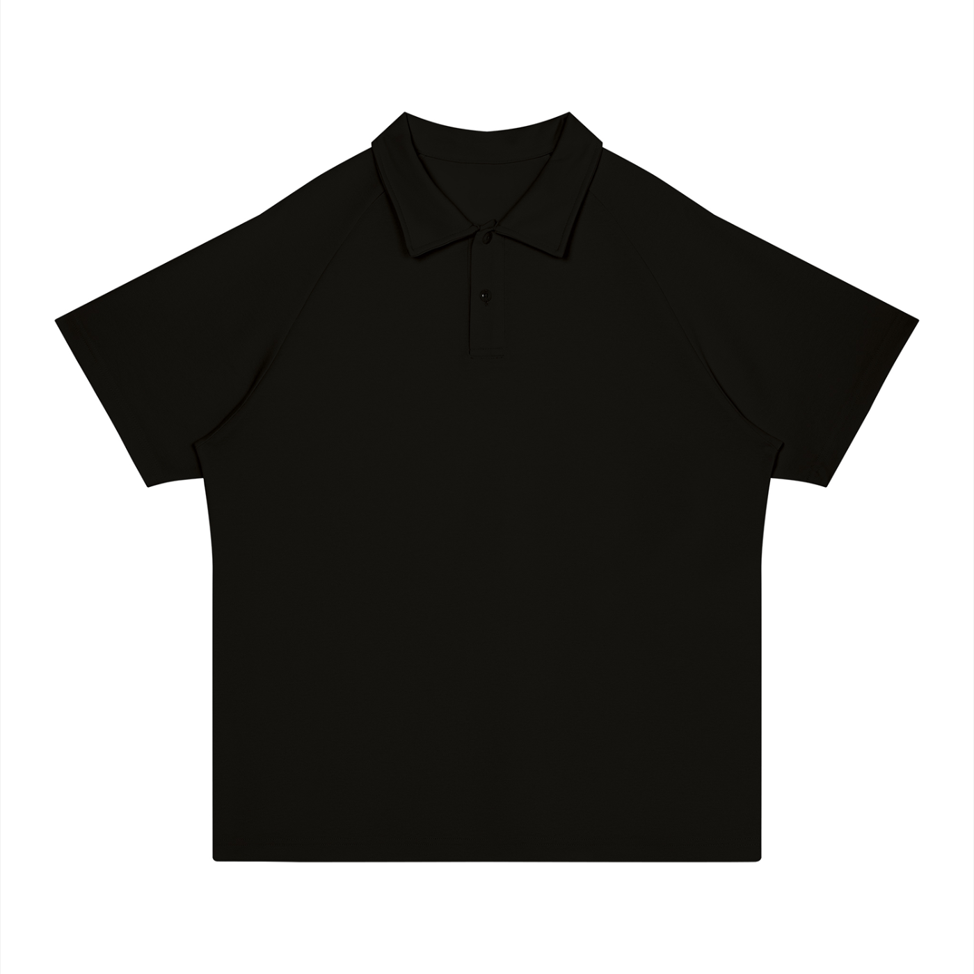 A black short-sleeve polo shirt with a classic collar and a two-button placket, presented flat against a solid white background.