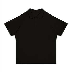 A black short-sleeve polo shirt with a classic collar and a two-button placket, presented flat against a solid white background.