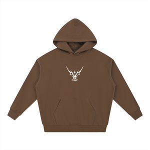 Brown hoodie with a white logo on a white background