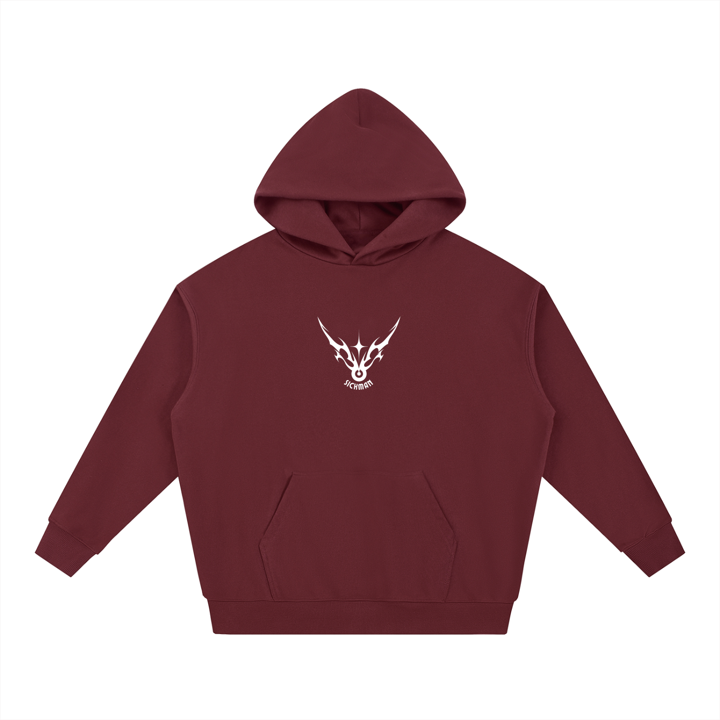 Maroon hoodie with a white logo on a white background